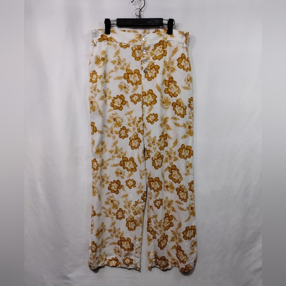 Rachel Zoe Pants - Rachel Zoe Linen Blend Floral Wide-Leg Pants Womens XL White Brown Boho Retro